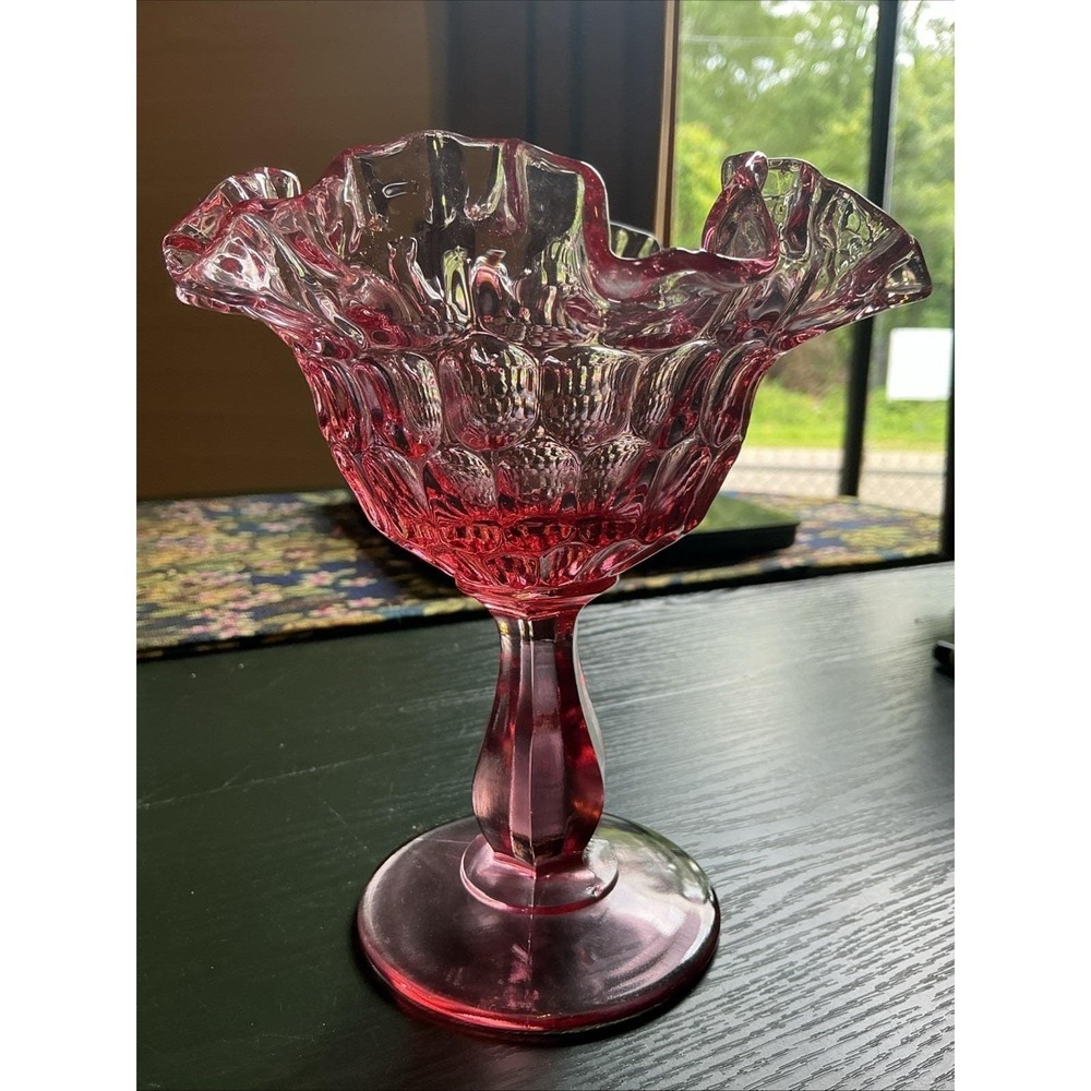 VTG‎ 6" Fenton Pink Cranberry Compote Ruffled Pressed Glass Candy Bowl